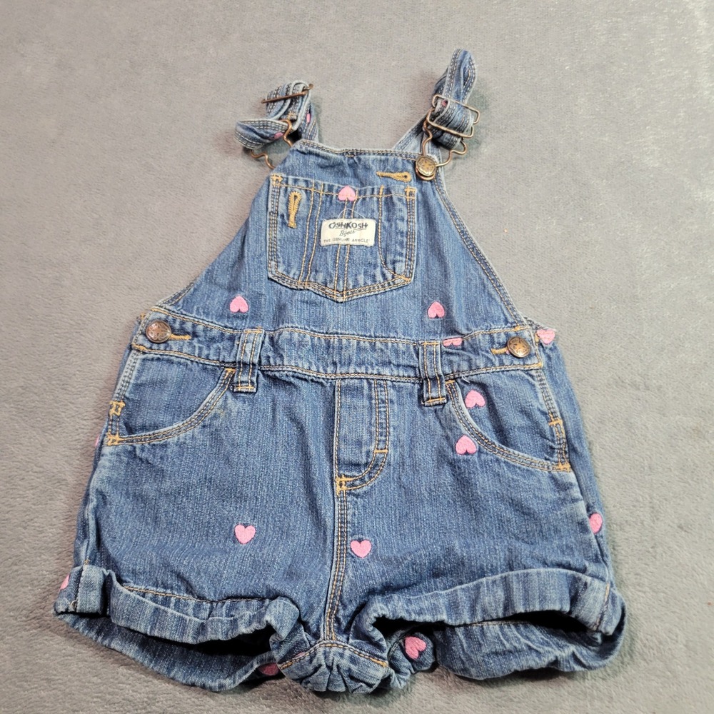 OshKosh Shortalls Girls 24M‎ Blue Denim Pink Heart Embroidered Classic Overalls